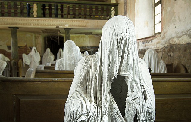 Sitting in the pews are haunting statues of ghosts that represent church-goers from the past.