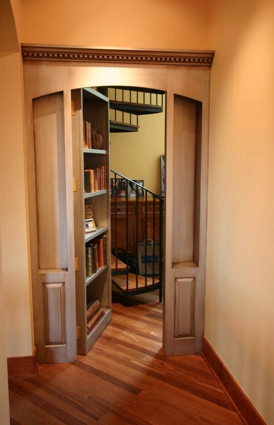 Concealed spiral staircase to a hidden second level.