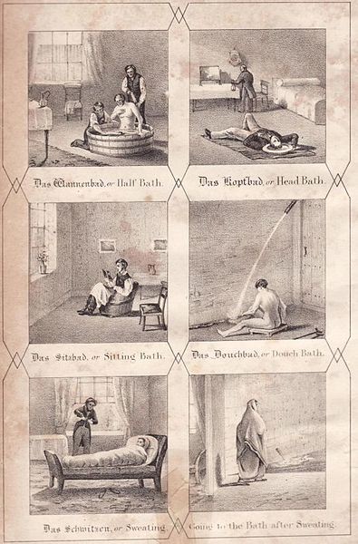 Hydrotherapy:
This is not the nice, relaxing bath you're thinking of. Hydrotherapy in the old days could be pretty brutal, and included strong jets of water blasted at patients and ice-cold baths. Patients were often restrained in the tubs.