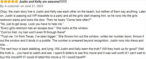 amazon reviews - document - Justin and Kelly are awsome!!!!!!!! By A customer on Okay, the main story line is Justin and Kelly see each other on the beach, but neither of them say anything. Later on, Justin is passing out Vip bracelets to a party and all 