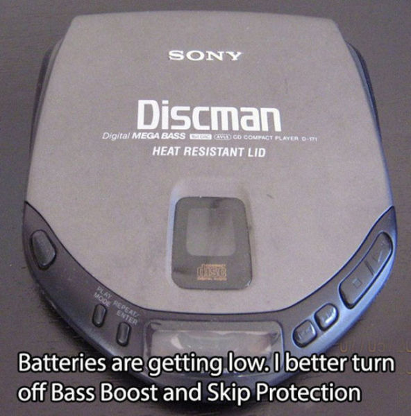 electronics - Sony Discman Digital Mega Bass Ces Chico Compact Player OIt Heat Resistant Lid Repeal Mode Enter Batteries are getting low.I better turn off Bass Boost and Skip Protection