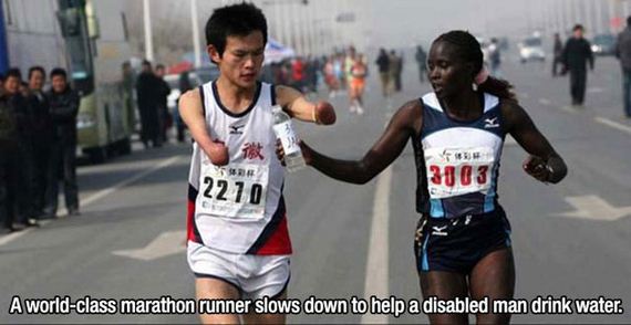 acts of kindness - 3903 2270 A worldclass marathon runner slows down to help a disabled man drink water.