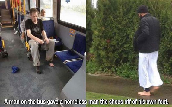 muslim man gives shoes - A man on the bus gave a homeless man the shoes off of his own feet.