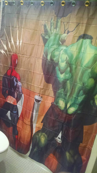 spiderman and hulk peeing shower curtain -