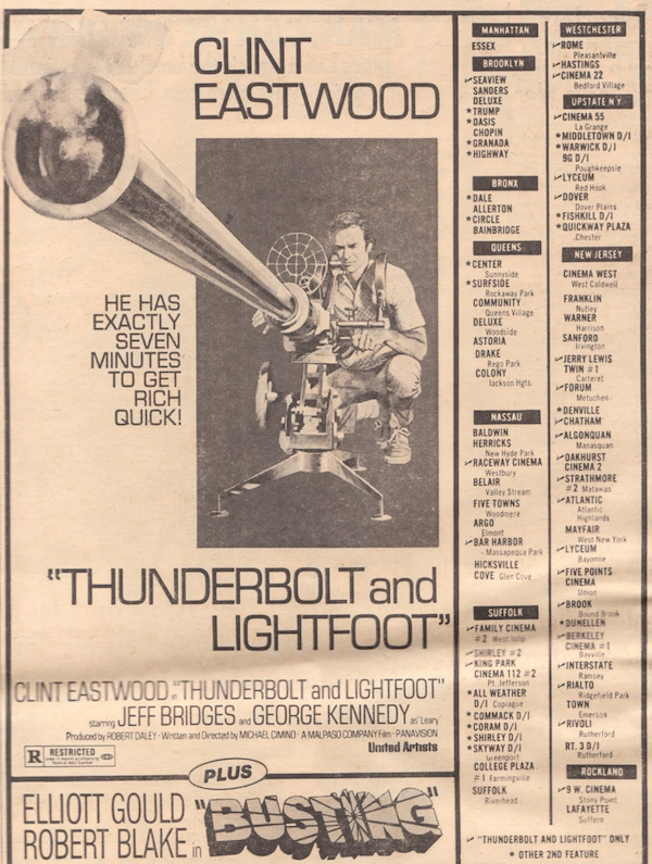 newspaper - Clint Eastwood He Has Exactly Seven Minutes To Get Quick Rich "Thunderbolt and Lightfoot" Clint Eastwood Thunderbolt and Lightfoot" Jeff Bridges.George Kennedy Rluthern Namin lette Plus Elliott Gould "Ra Robert Blake Introtando .