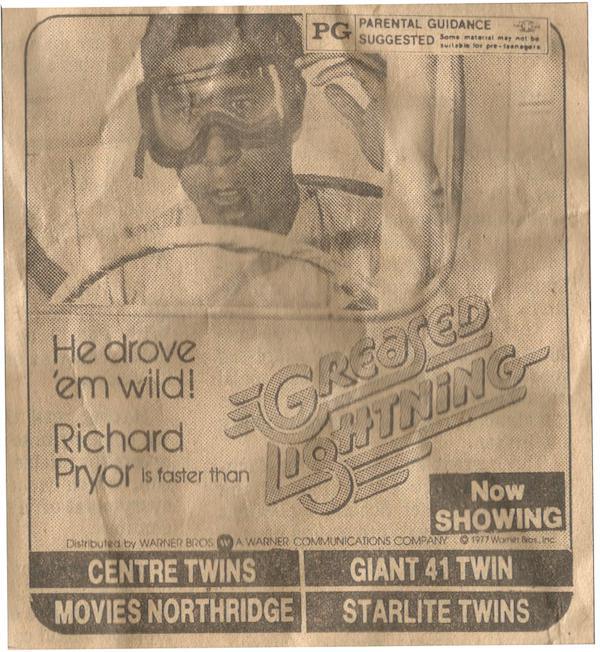 banknote - D Pg Parental Guidance Suggested formate He drove 'em wild! Richard Pryor is faster than Ycrcoped on Dostning Distributed by Warner Bros Wa Warner Communications Company 1977 Words Inc Centre Twins Movies Northridge Now Showing Giant 41 Twin St