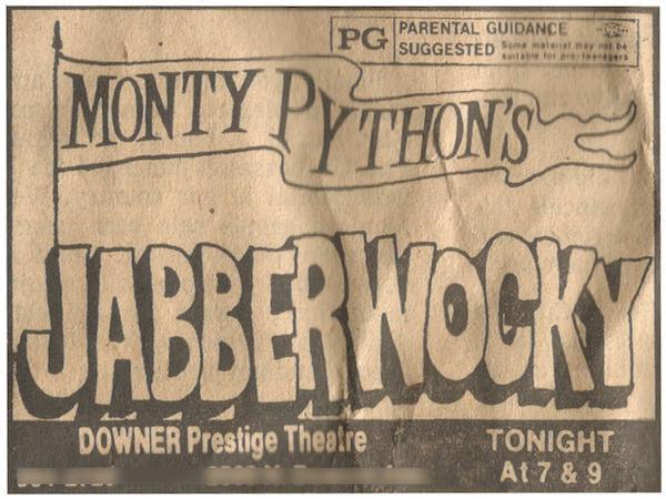 label - Parental Guidance Suggested Monty Pythons Jabber Wocki Downer Prestige Theatre Tonight At 7 & 9