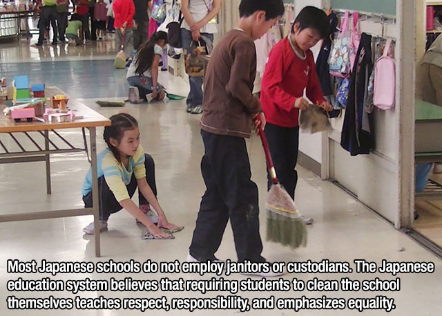 child - Most Japanese schools do not employ janitors or custodians. The Japanese education system believes that requiring students to clean the school themselves teaches respect, responsibility, and emphasizes equality