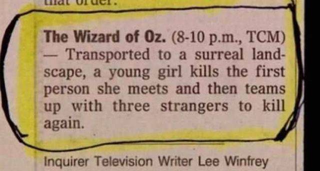 wizard of oz summary - Ullal Unuel. The Wizard of Oz. 810 p.m., Tcm Transported to a surreal land scape, a young girl kills the first person she meets and then teams up with three strangers to kill again. Inquirer Television Writer Lee Winfrey