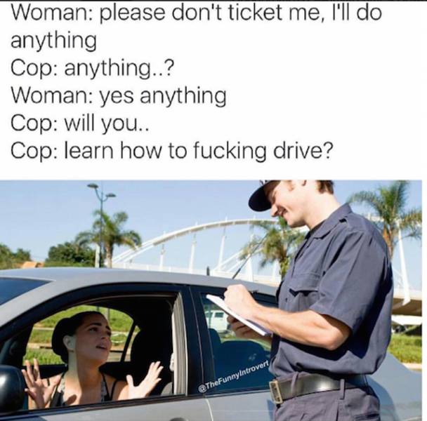 random pic car ticket by police - Woman please don't ticket me, I'll do anything Cop anything..? Woman yes anything Cop will you.. Cop learn how to fucking drive? introvert