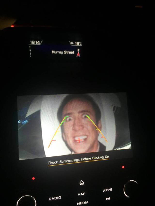 nicolas cage reverse camera - 1814 190 Murray Street Check Surroundings Before Backing Up Apps Map Radio Media