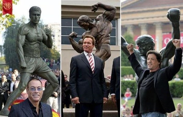 Movie stars and their statues, Jean Claude Van Damme, Arnold Schwarzenegger and Sylvester Stallone.