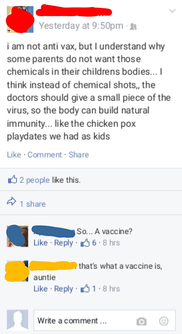 i am not anti vax, but I understand why some parents do not want those chemicals in their childrens bodies... I think instead of chemical shots, the doctors should give a small piece of the virus