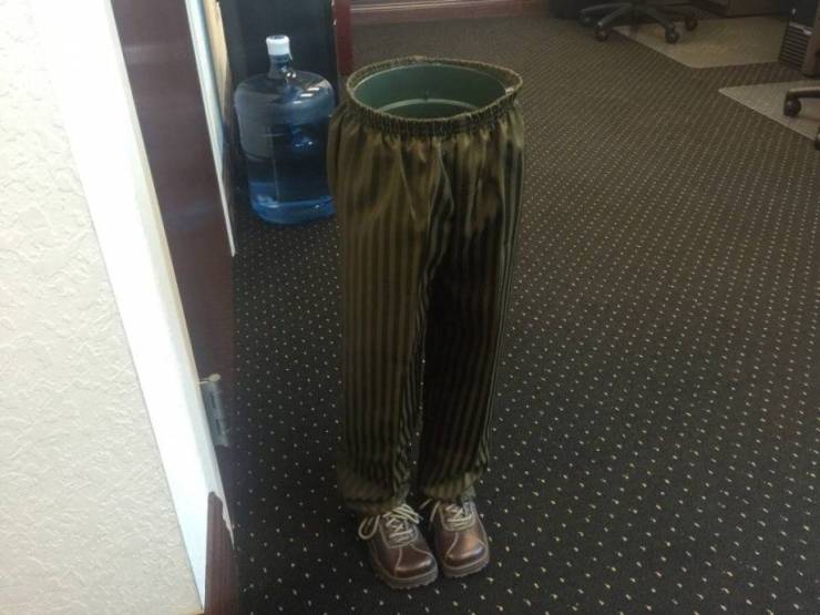trash can wearing pants and shoes