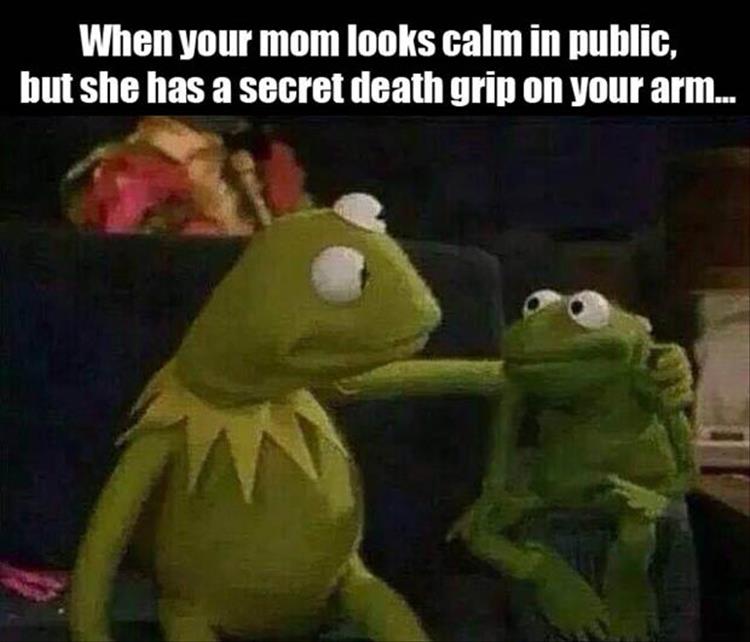 When your mom looks calm in public, but she has a secret death grip on your arm...