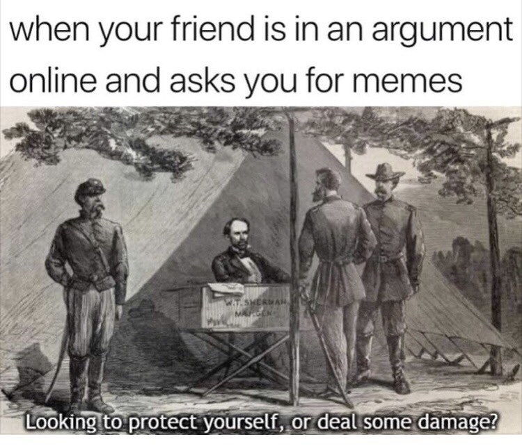 human behavior - when your friend is in an argument online and asks you for memes Tsweraw Mason Looking to protect yourself, or deal some damage?