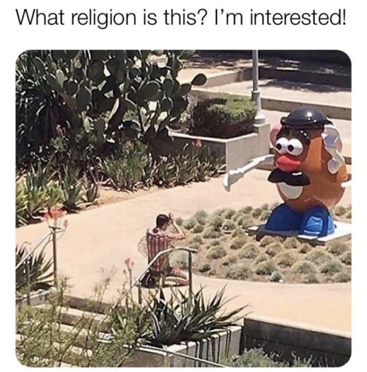 potato head worship - What religion is this? I'm interested!