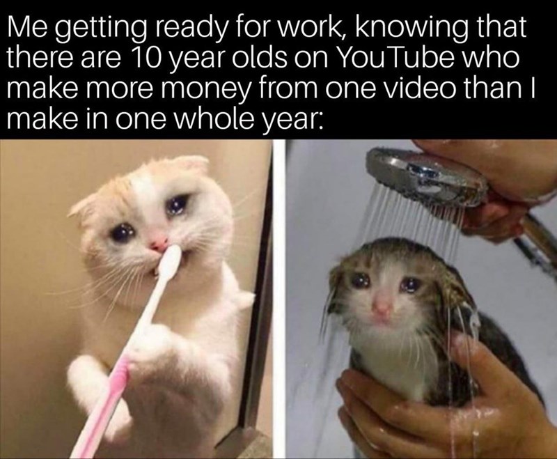 sad cat meme getting ready - Me getting ready for work, knowing that there are 10 year olds on YouTube who make more money from one video than | make in one whole year