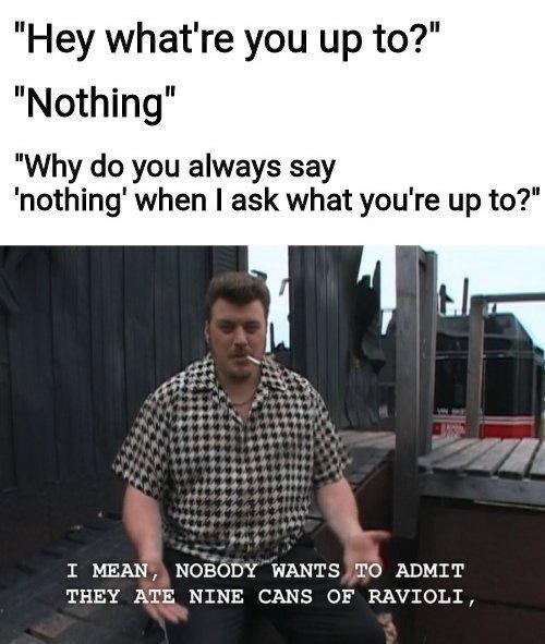 ricky trailer park boys quotes - "Hey what're you up to?" "Nothing" "Why do you always say 'nothing' when I ask what you're up to?" I Mean, Nobody Wants To Admit They Ate Nine Cans Of Ravioli,