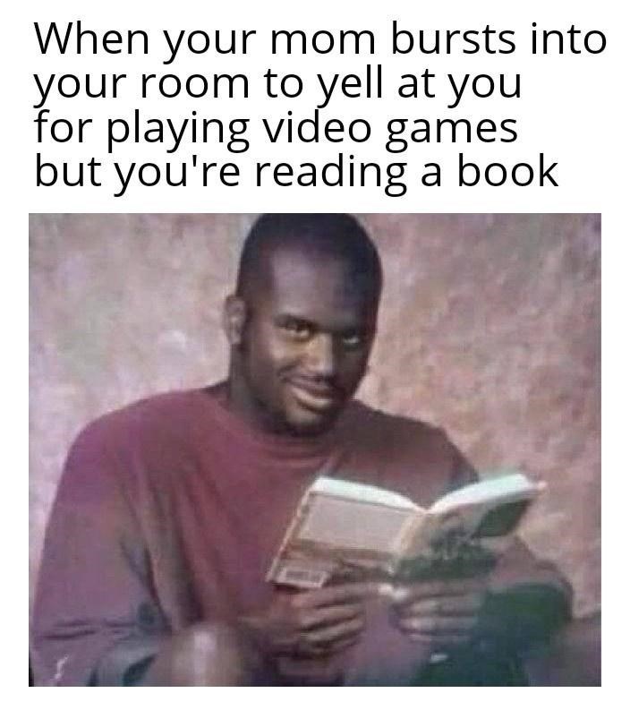 anti memes - When your mom bursts into your room to yell at you for playing video games but you're reading a book