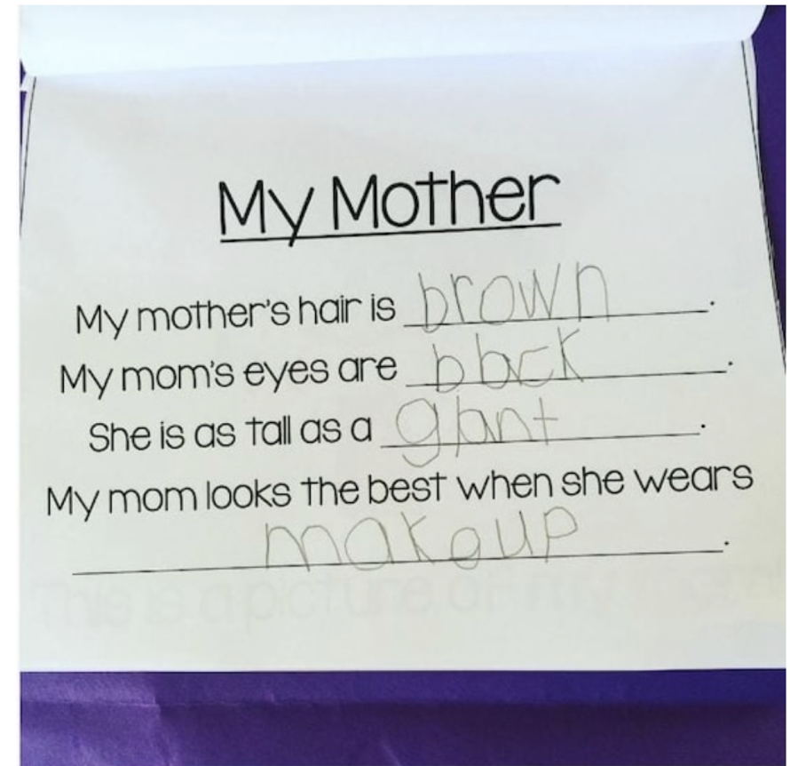 handwriting - My Mother My mother's hair is brown My mom's eyes are_bbck She is as fall as a 9 bint My mom looks the best when she wears makeup