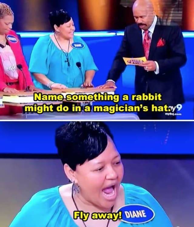 funny answers on family feud - Name something a rabbit might do in a magician's hatay9 myn.com Fly away! Diane