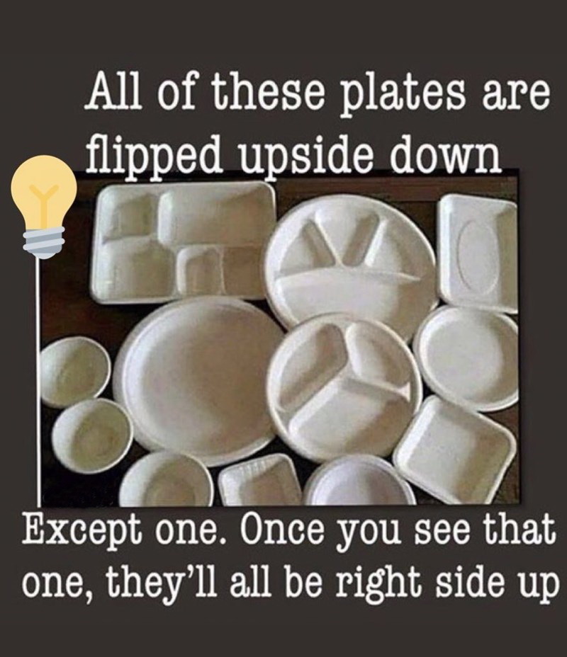 All of these plates are flipped upside down Except one. Once you see that one, they'll all be right side up