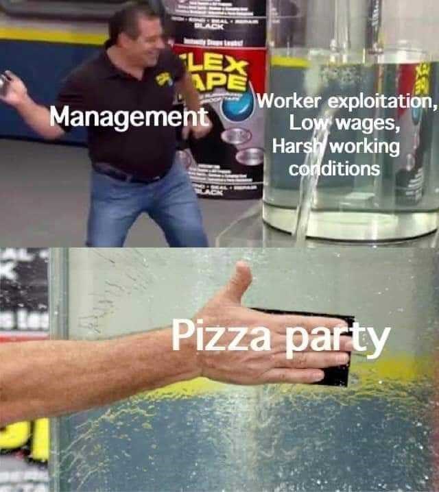 zoom corona meme - Black "Lex 1PE Worker exploitation, Management Low wages, Harsh working conditions Pizza party
