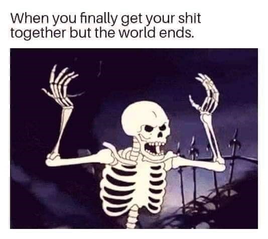 angry skeleton noises - When you finally get your shit together but the world ends.