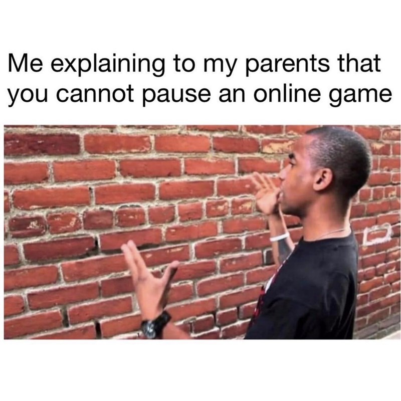 funny pictures -  man talking to a brick wall - Me explaining to my parents that you cannot pause an online game
