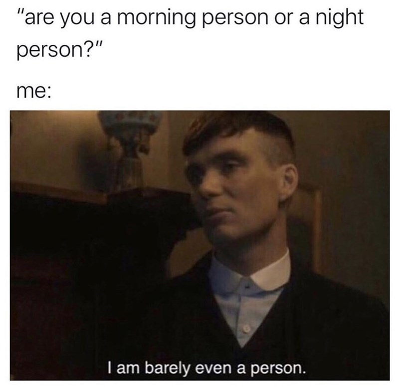 funny aquarius memes - "are you a morning person or a night person?" me I am barely even a person.