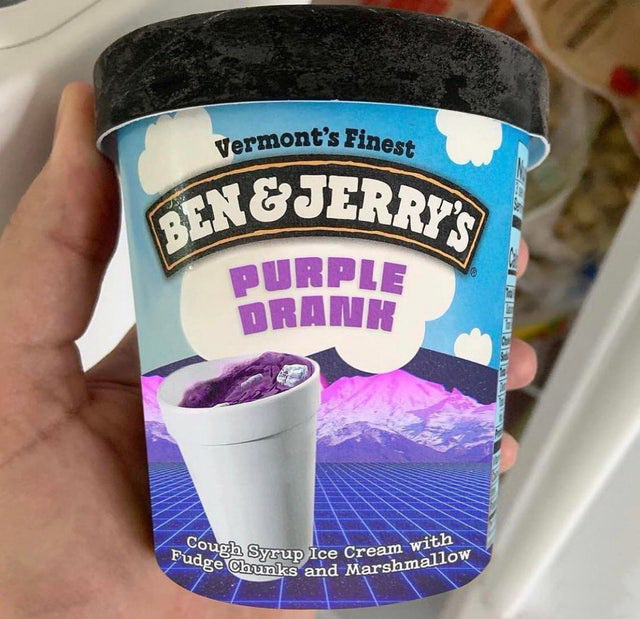 ben and jerry's ice cream - Fudge Chaunks and Marshmallow Cough Syrup Ice Cream with Vermont's Finest E Purple Oran