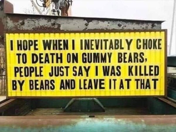 choking on gummy bears meme - I Hope When I Inevitably Choke To Death On Gummy Bears, People Just Say I Was Killed By Bears And Leave It At That