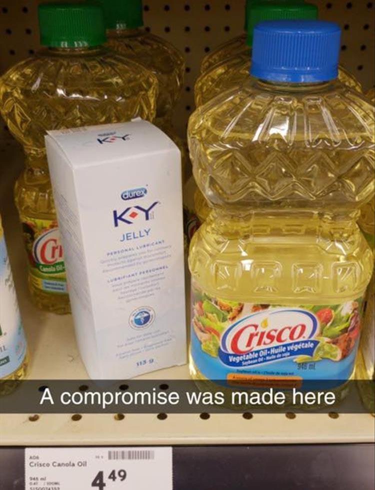 crisco memes - Gurex Ky Jelly ch Onan Cisco Vegetable Oil Huile vgtale 1139 10 A compromise was made here Ade Crisco Canola Oil 449