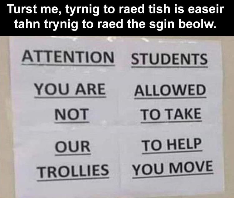 material - Turst me, tyrnig to raed tish is easeir tahn trynig to raed the sgin beolw. Attention Students You Are Allowed Not To Take Our To Help Trollies You Move