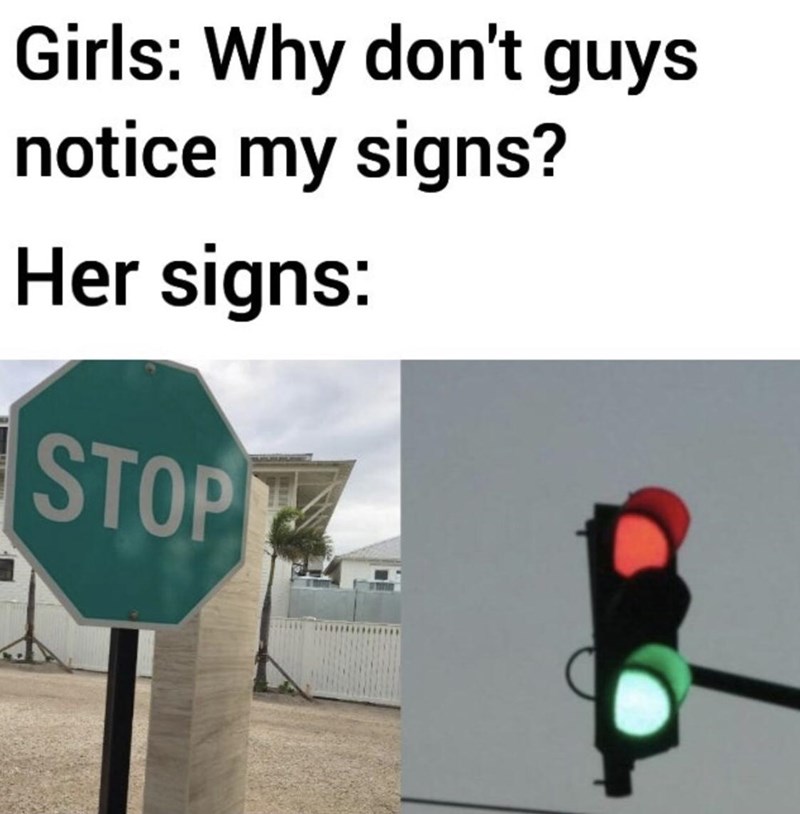Internet meme - Girls Why don't guys notice my signs? Her signs Stopte