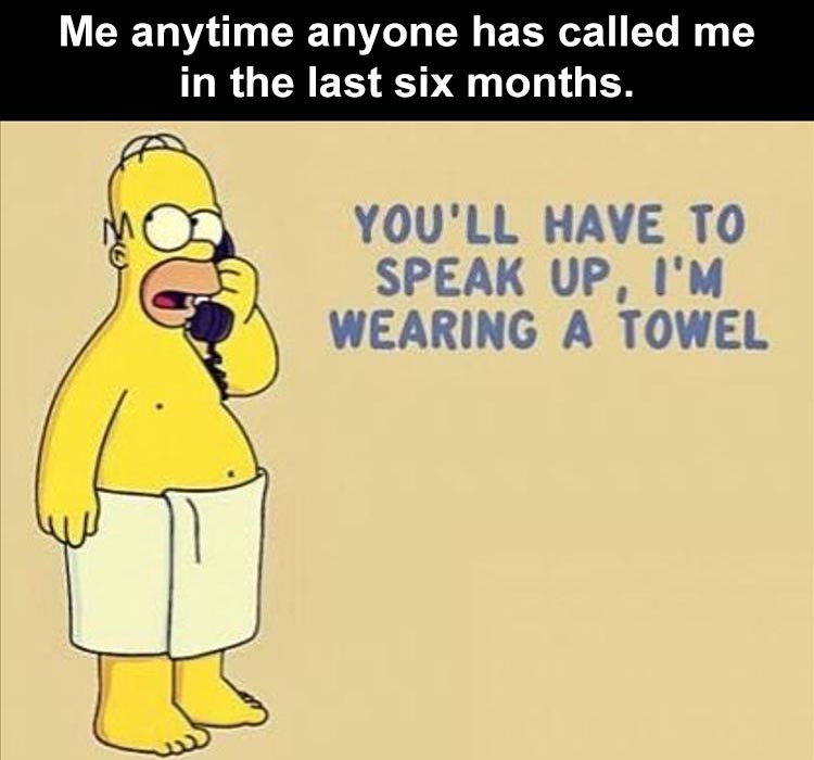 cartoon - Me anytime anyone has called me in the last six months. You'Ll Have To Speak Up, I'M Wearing A Towel