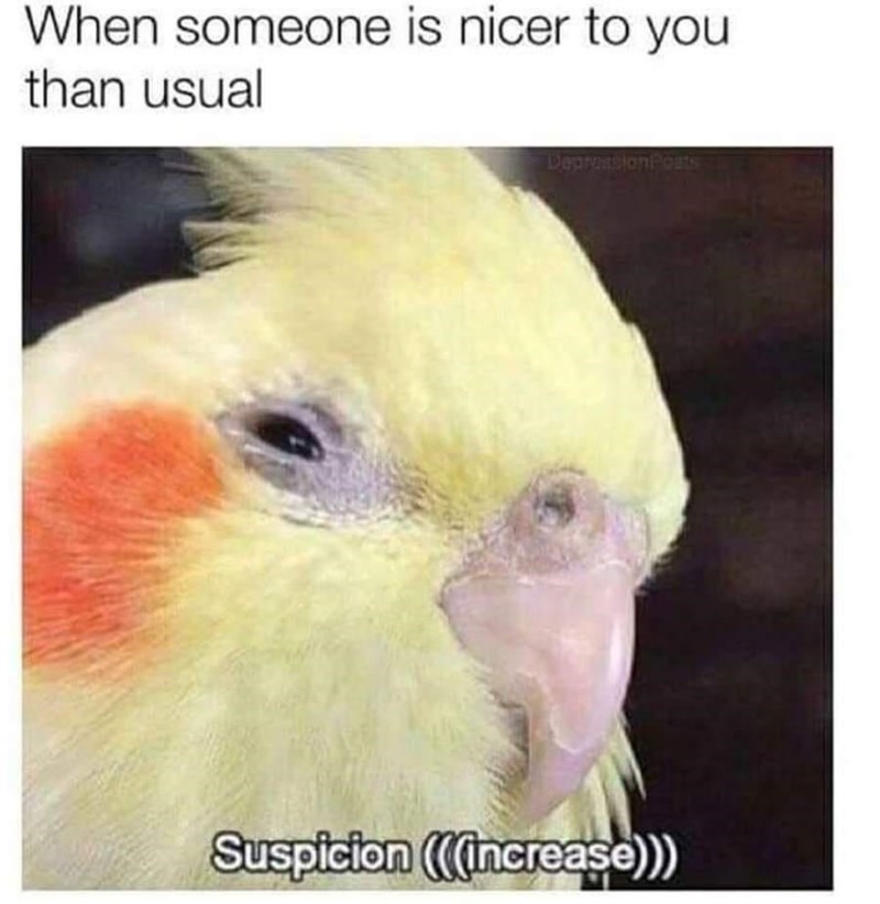 suspicious meme - When someone is nicer to you than usual DepressionFonts Suspicion Cincrease