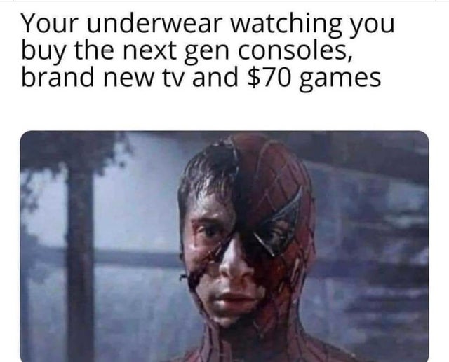 head - Your underwear watching you buy the next gen consoles, brand new tv and $70 games
