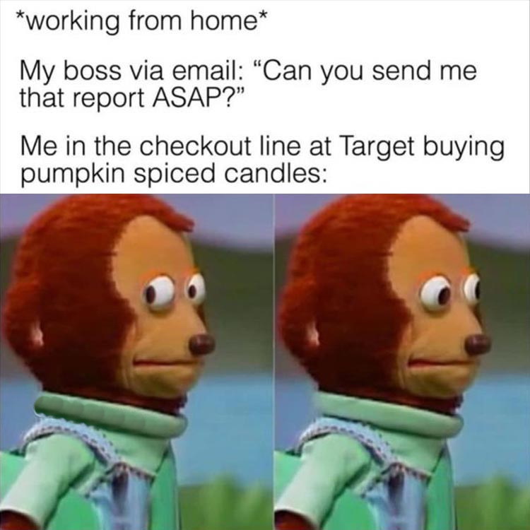 funny memes - working from home My boss via email "Can you send me that report Asap? Me in the checkout line at Target buying pumpkin spiced candles