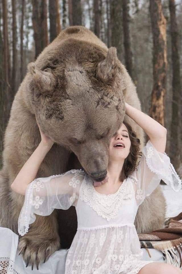 funny pics - russian model hanging out with bear