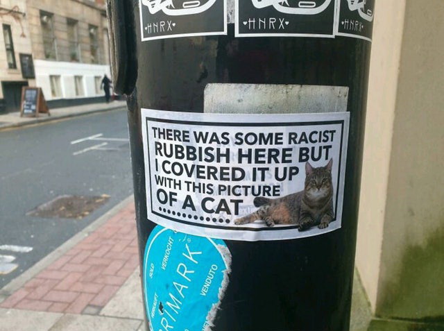 manchester racist graffiti - Anrx Hnrx Anrk There Was Some Racist Rubbish Here But Icovered It Up With This Picture Of A Cat Kinen Verkocht Rimark Venduto