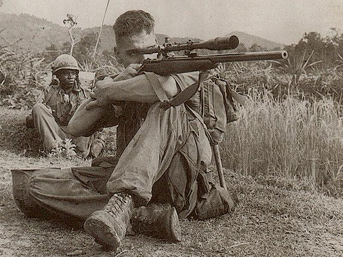 This Marine sharpshooter known for wearing a white feather in his hat became a Vietnam War legend when he shot an enemy sniper through the barrel of his scope, entering his skull directly through his eye. Despite his 93 confirmed kills, he was awarded a Silver Star for valor for saving the lives of others under his command.