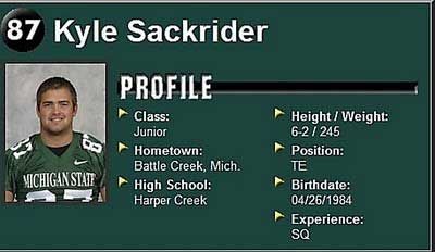 best name ever - 87 Kyle Sackrider Profile Height Weight 62 245 Position Class Junior Hometown Battle Creek, Mich. High School Harper Creek Te Michigan State Das Birthdate 04261984 Experience Sq