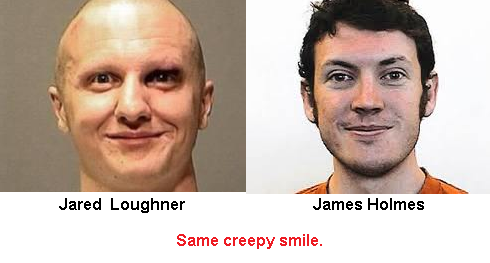James Holmes is the Batman/theater shooter, and Jared Loughner is the man who shot Rep. Gabrielle Giffords and others, including a 9-year-old who died. Creepy thing is they seem to have the same crazy look and smile. I changed the catch line as they do not look related, just a similar state of mind seems show in their grins.