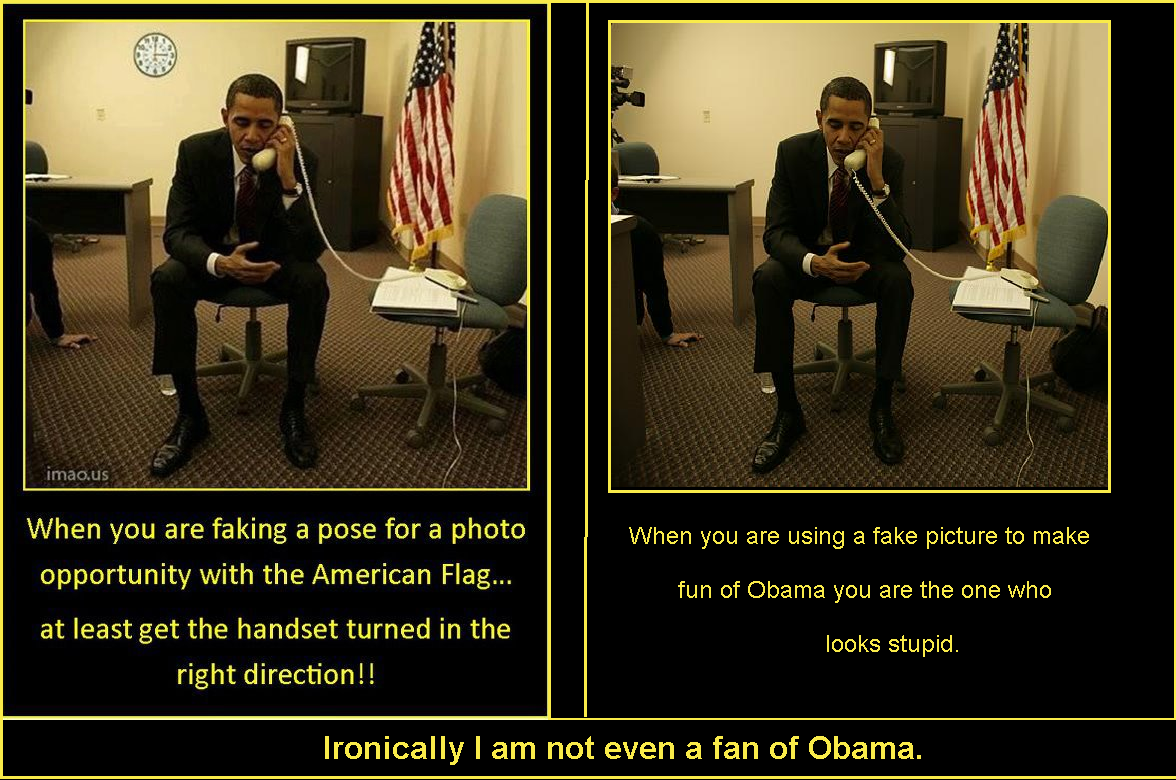 Few if any prominent political figures are really clueless enough to both unknowingly hold a phone upside down and approve the release of a publicity picture displaying such a faux pas. The fake picture was originally posted to the Imao web site on March 3rd 2008. Once again being revisited to discourage voting Obama in for another term.