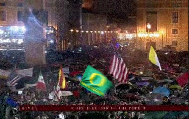 Flags from everywhere were flying in Vatican City after the announcement of the new Pope. Even a University Of Oregon flag.