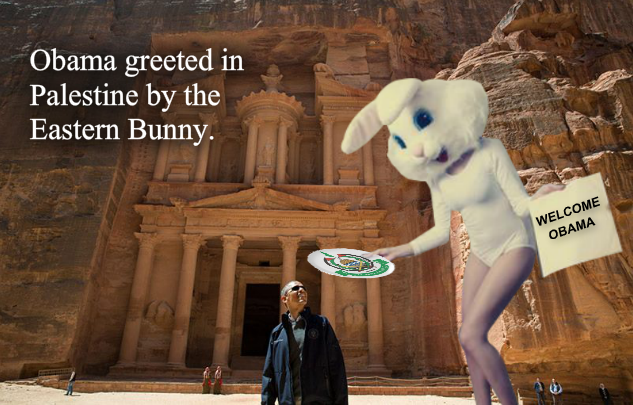 President Obama, seen here with Palestine's official greeter The Eastern Bunny, toured much of Palestine during his recent visit.