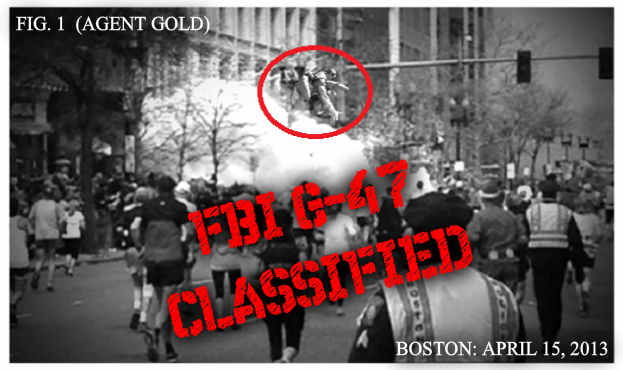 This classified picture was leaked recently that shows the FBI bomber, known only as Agent Gold, narrowly escaping the bomb blast.