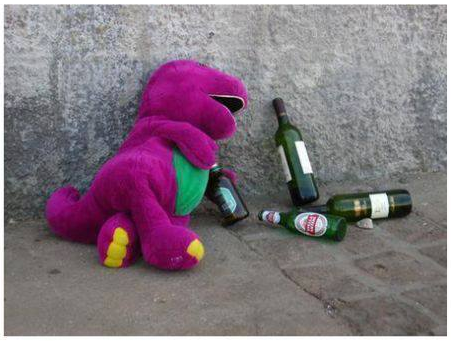 The final years are never pretty for washed up children's show icons. This prehistoric alcoholic was recently found here, behind a liquor store in New Jersey. (If you don't like that caption, write your own)